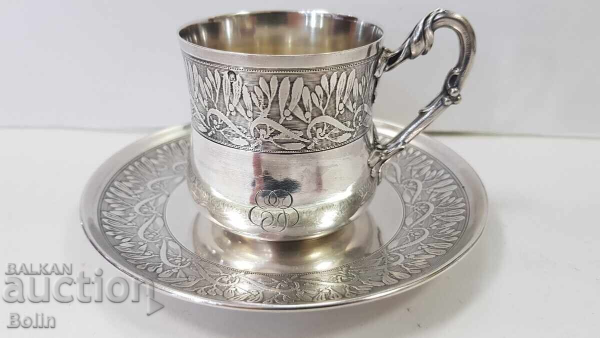 Κομψό ασημένιο φλιτζάνι με πιατάκι Γαλλία τέλη 19ου αιώνα