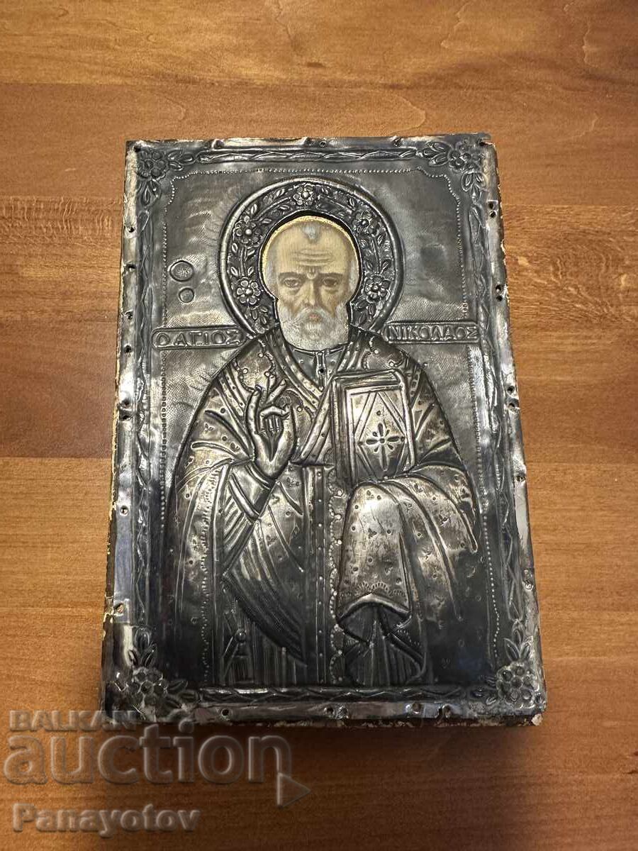 ICONĂ DE CASĂ SF. NICOLAE ARGINTATĂ CONSTANTINOPOL 19 SECOL
