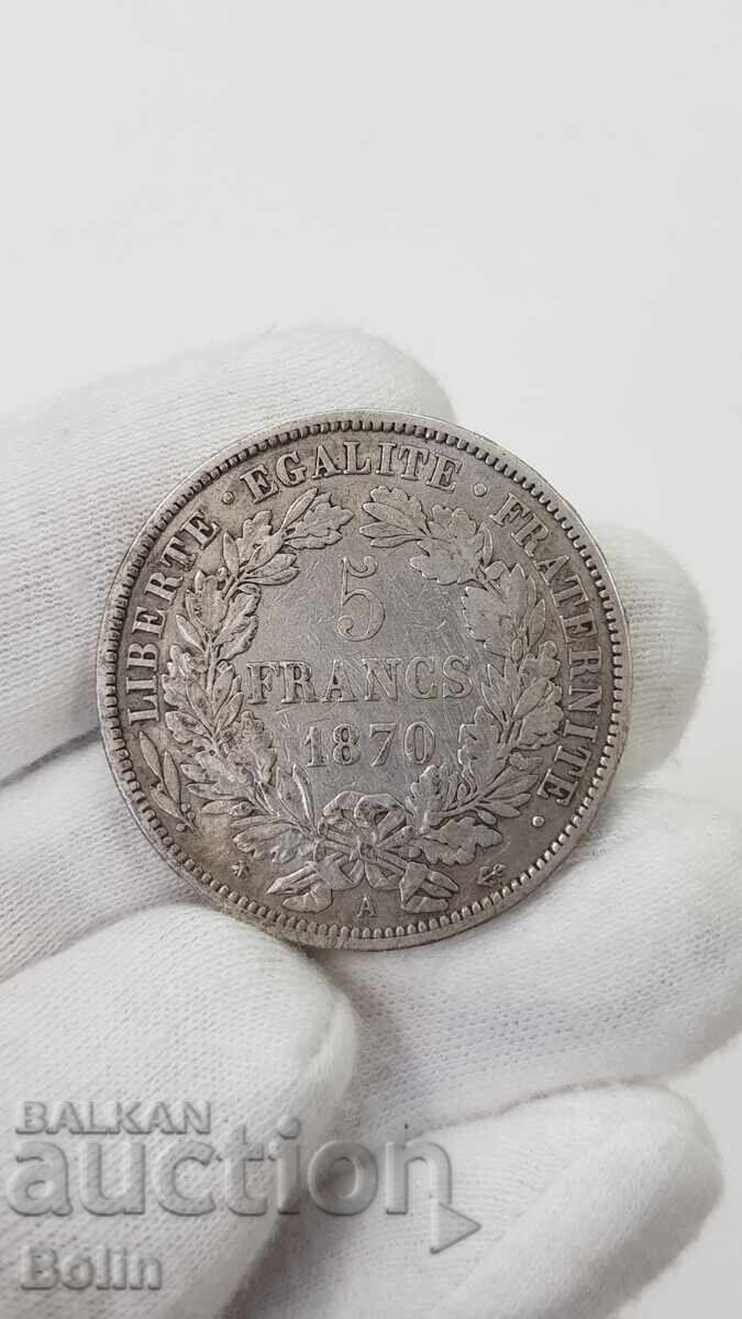 Monedă rară de argint 5 franci 1870 Ceres Franța - 5 Monedă rară de argint 5 franci 1870 Ceres Franța - 5