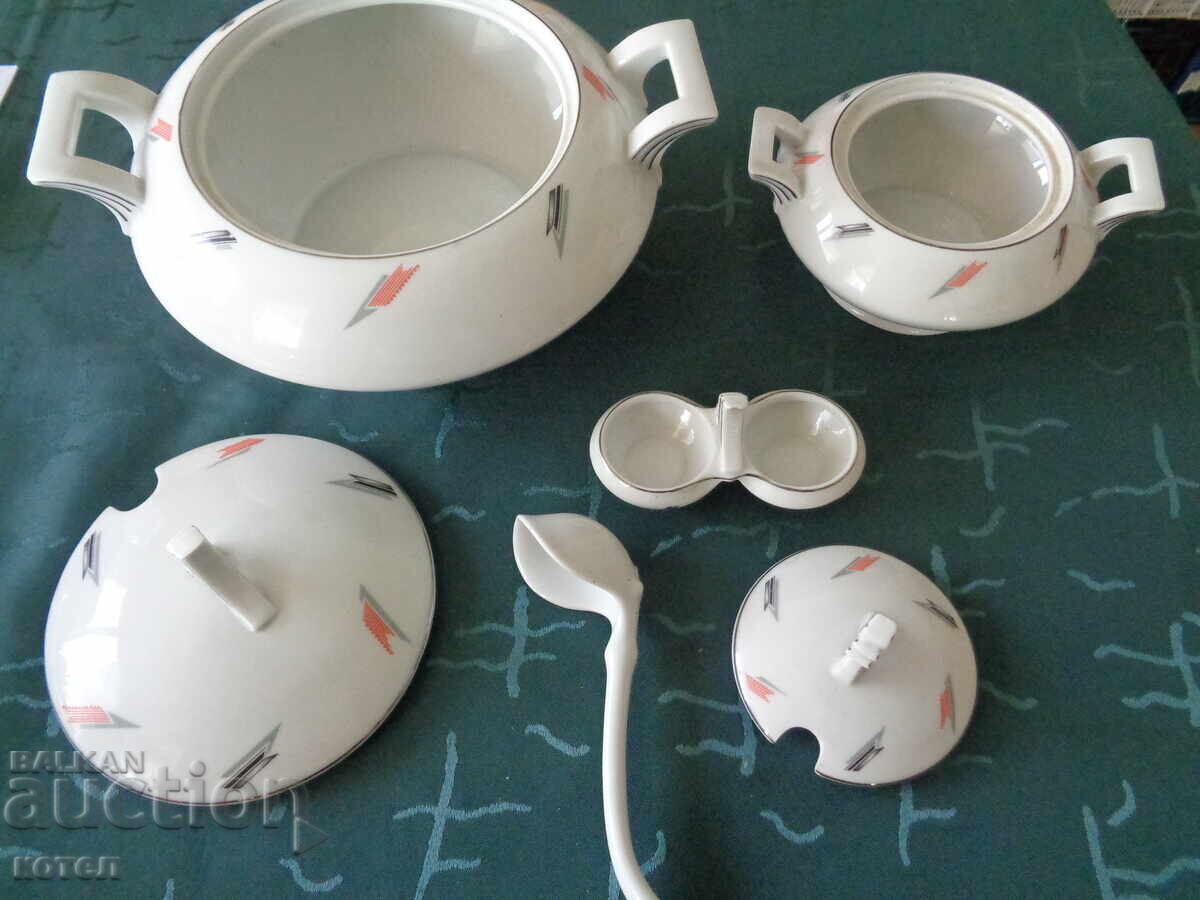 Selling 2 porcelain serving dishes + a salt shaker with price 55.00 BGN | € 28.12