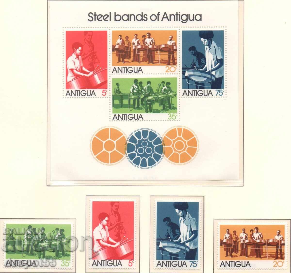 1974. Antigua. Steel Band - Caribbean Music + Block 1974. Antigua. Steel Band - Caribbean Music + Block