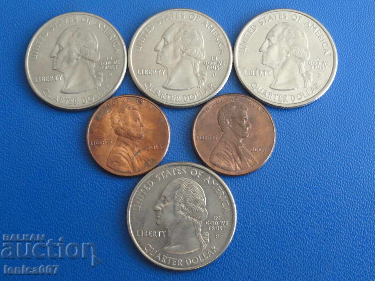USA 2000 - 1/4 Dollar (4 pieces) + 1 Cent (2 pieces) with price 8.80 BGN | € 4.50 USA 2000 - 1/4 Dollar (4 pieces) + 1 Cent (2 pieces) with price 8.80 BGN | € 4.50