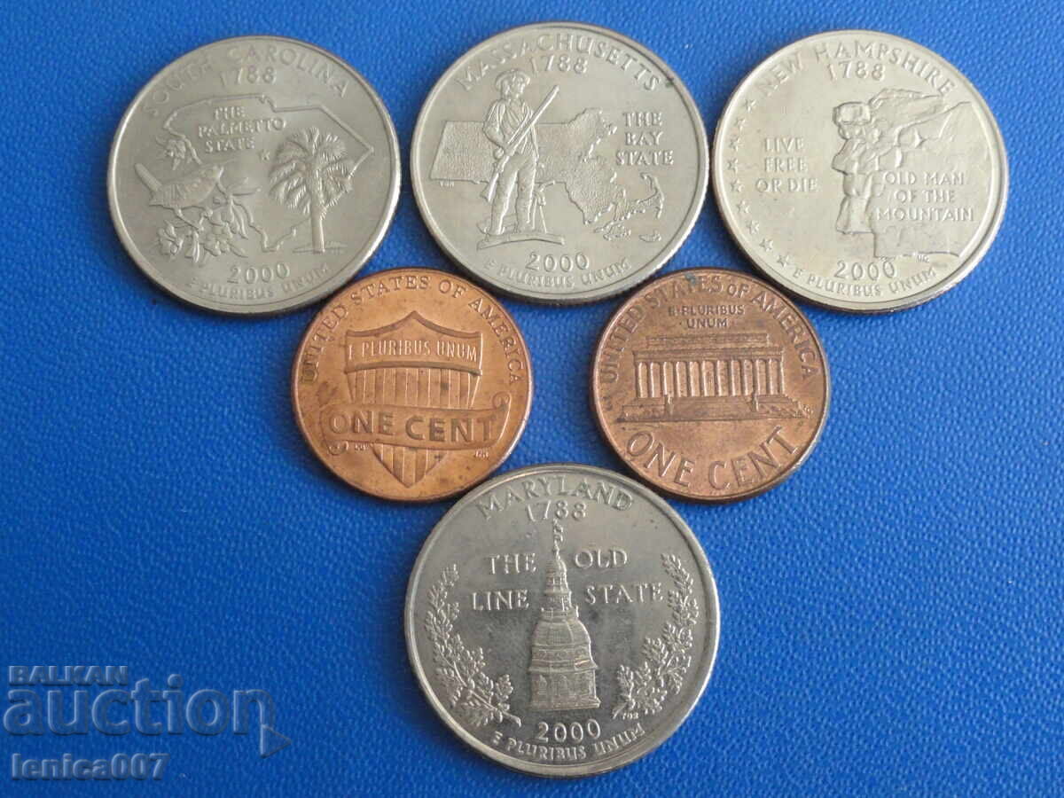 USA 2000 - 1/4 Dollar (4 pieces) + 1 Cent (2 pieces) - 5 USA 2000 - 1/4 Dollar (4 pieces) + 1 Cent (2 pieces) - 5