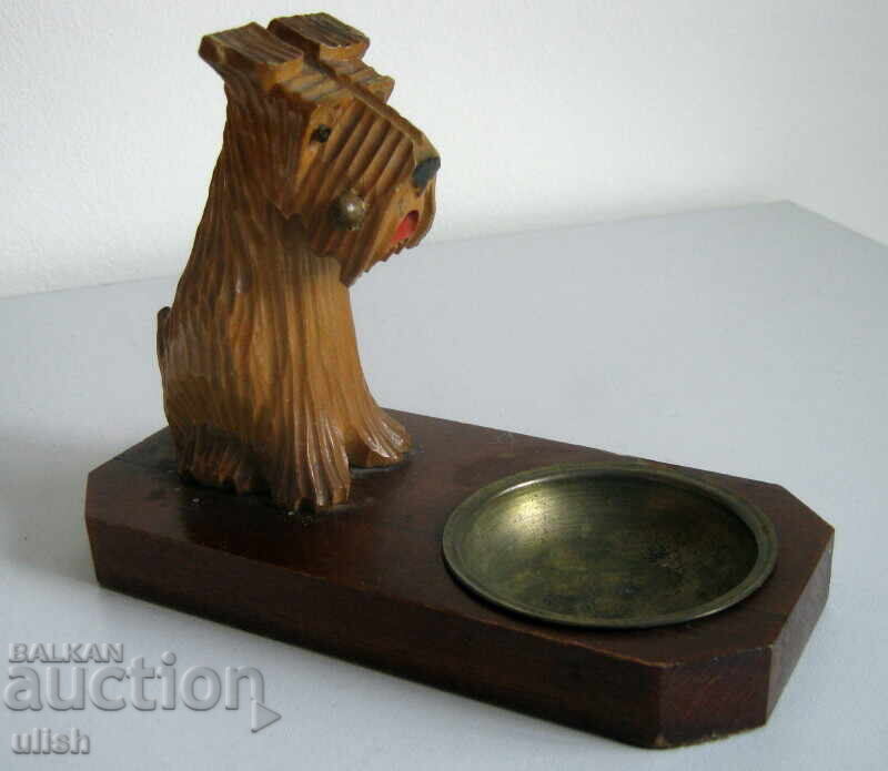 Стара дървена поставка за бюро арт ръчна изработка териер