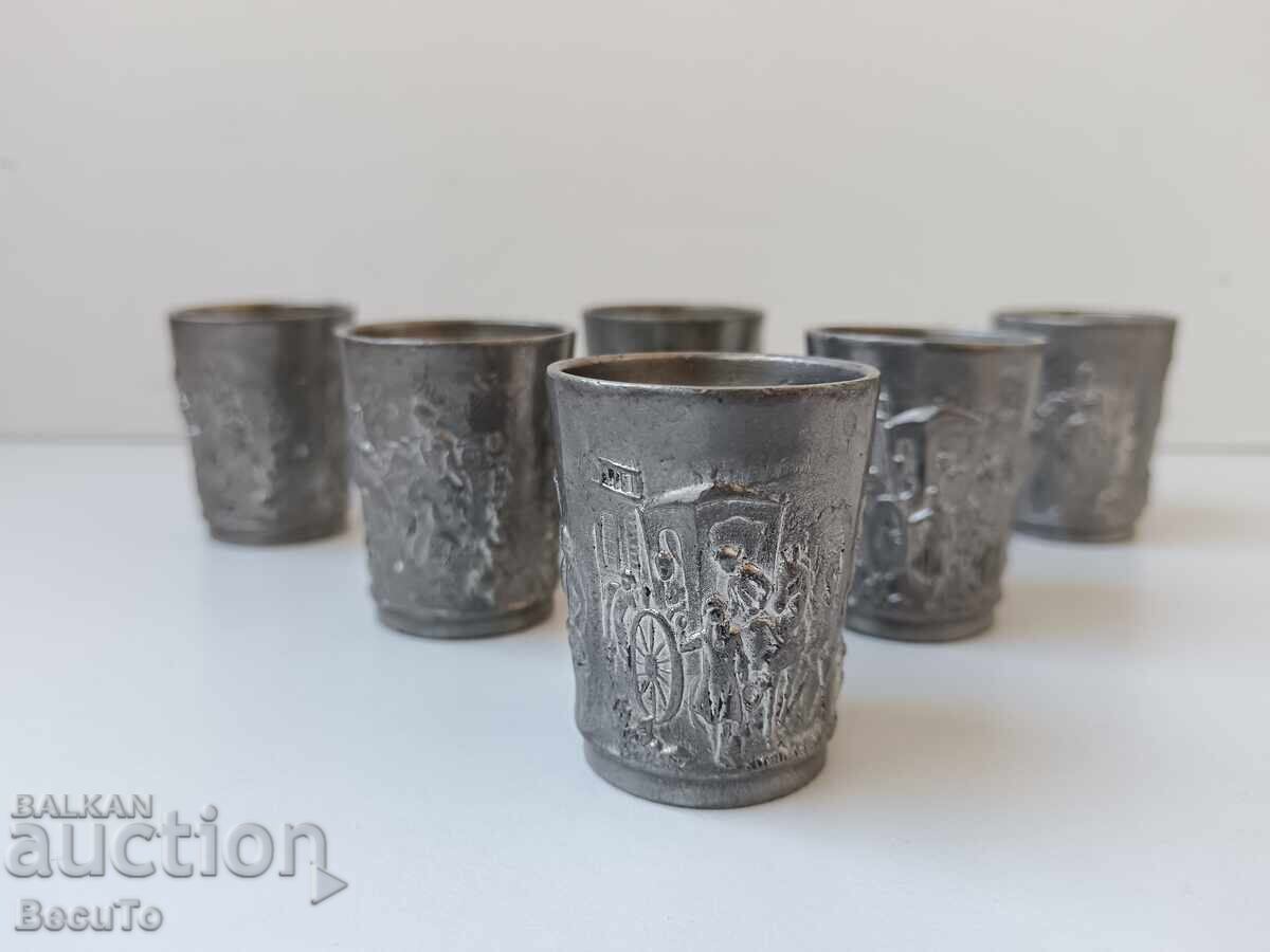 6 tin cups, stamped with domestic scenes, they are sturdy with price 50.00 BGN | € 25.56