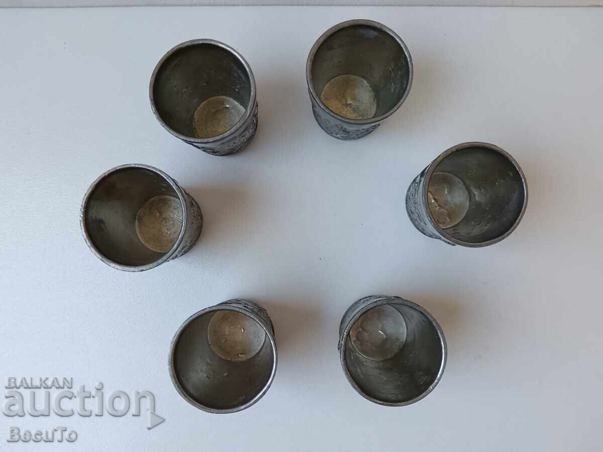 6 tin cups, stamped with domestic scenes, they are sturdy - 5