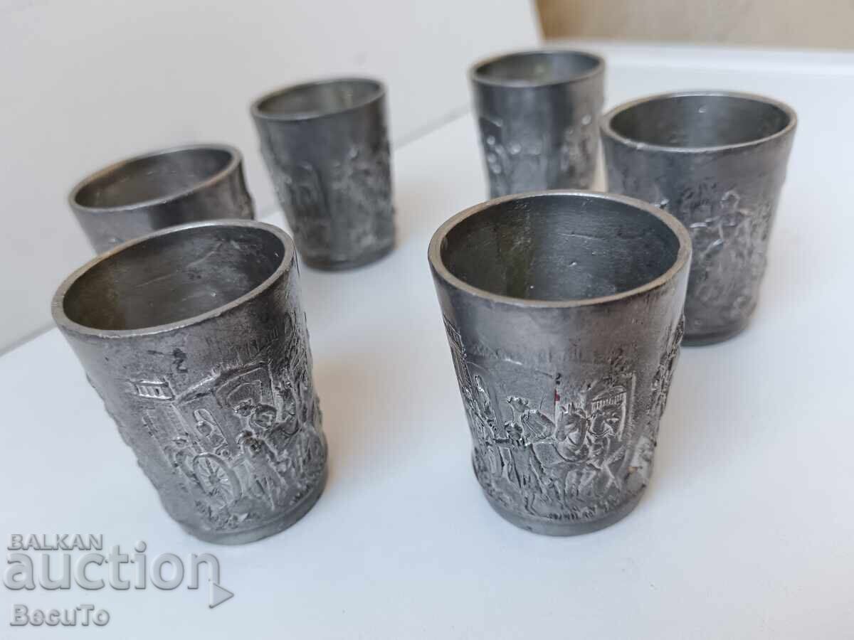 6 tin cups, stamped with domestic scenes, they are sturdy - 6