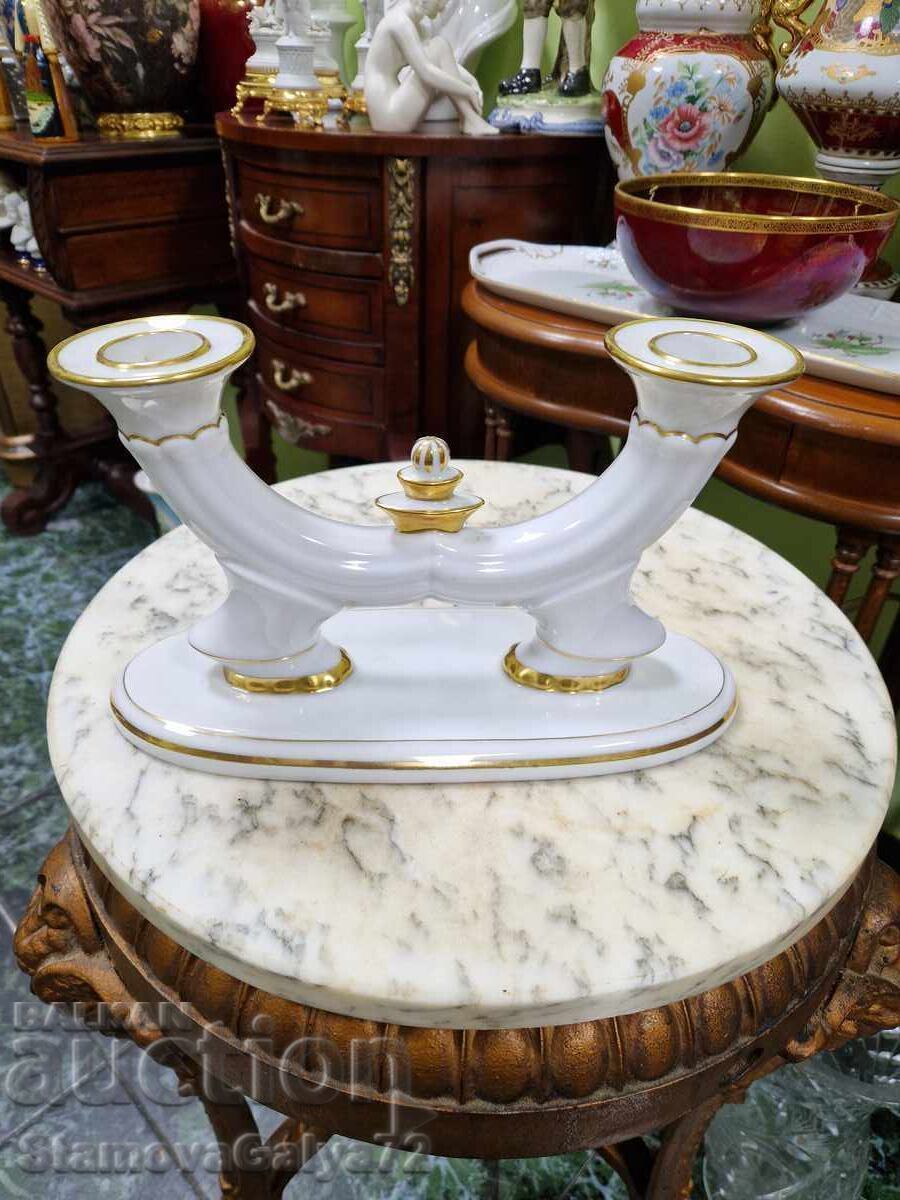 Antique German porcelain candlestick trio