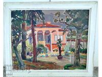 LYUBEN PETROV - RED OIL PAINTING - KARLOVO HOUSE WITH YARD