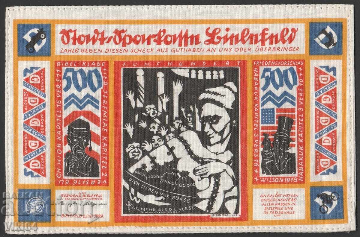 Копринена Банкнота Германия 500 Марки Билефелд 1922 г. с цена 74.99 лв. | € 38.34