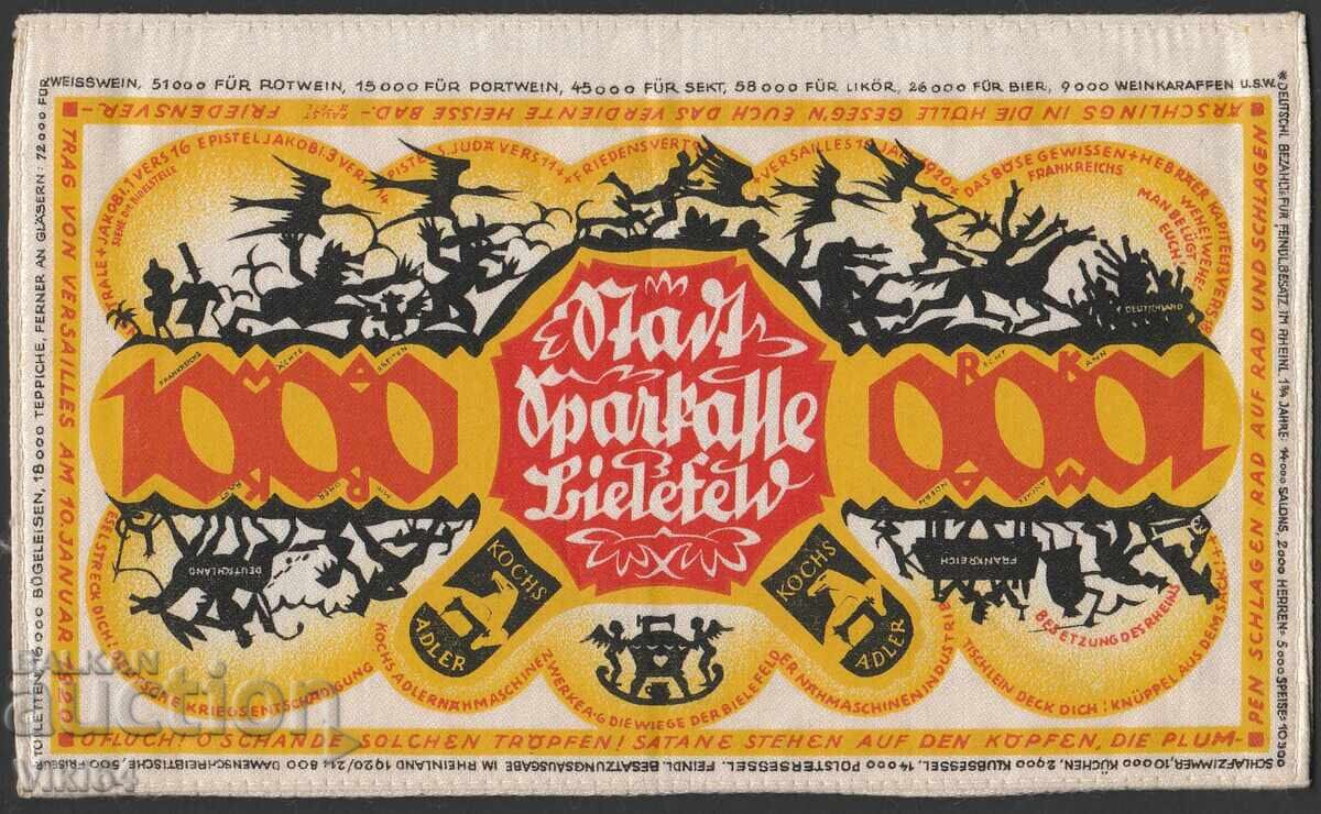 Bancnotă de mătase Germania 1000 Mărci Bielefeld 1922 cu preț 84.99 BGN | € 43.45 Bancnotă de mătase Germania 1000 Mărci Bielefeld 1922 cu preț 84.99 BGN | € 43.45