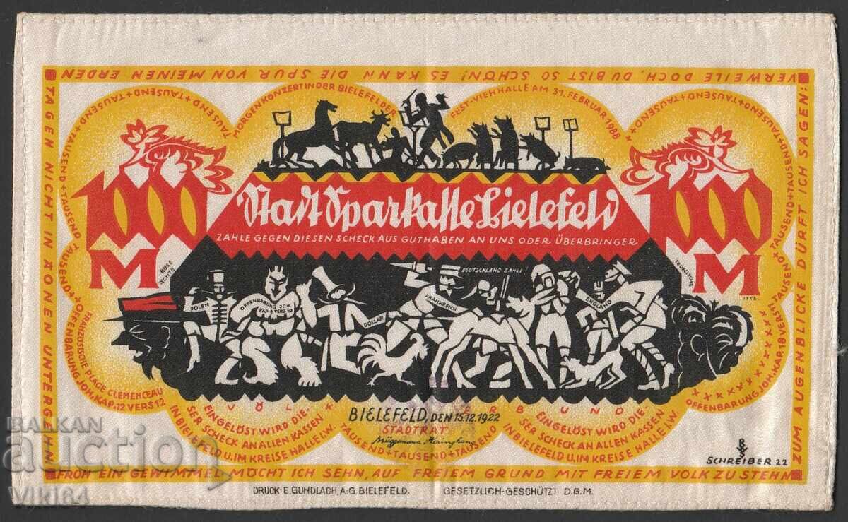 Bancnotă de mătase Germania 1000 Mărci Bielefeld 1922 Bancnotă de mătase Germania 1000 Mărci Bielefeld 1922