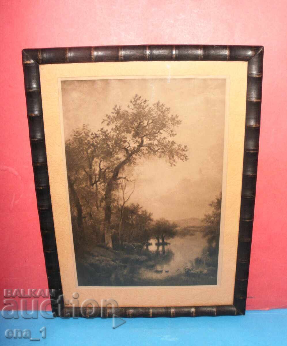 Peisaj - imprimare veche alb-negru în ramă de lemn cu sticlă Peisaj - imprimare veche alb-negru în ramă de lemn cu sticlă