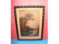 Peisaj - imprimare veche alb-negru în ramă de lemn cu sticlă