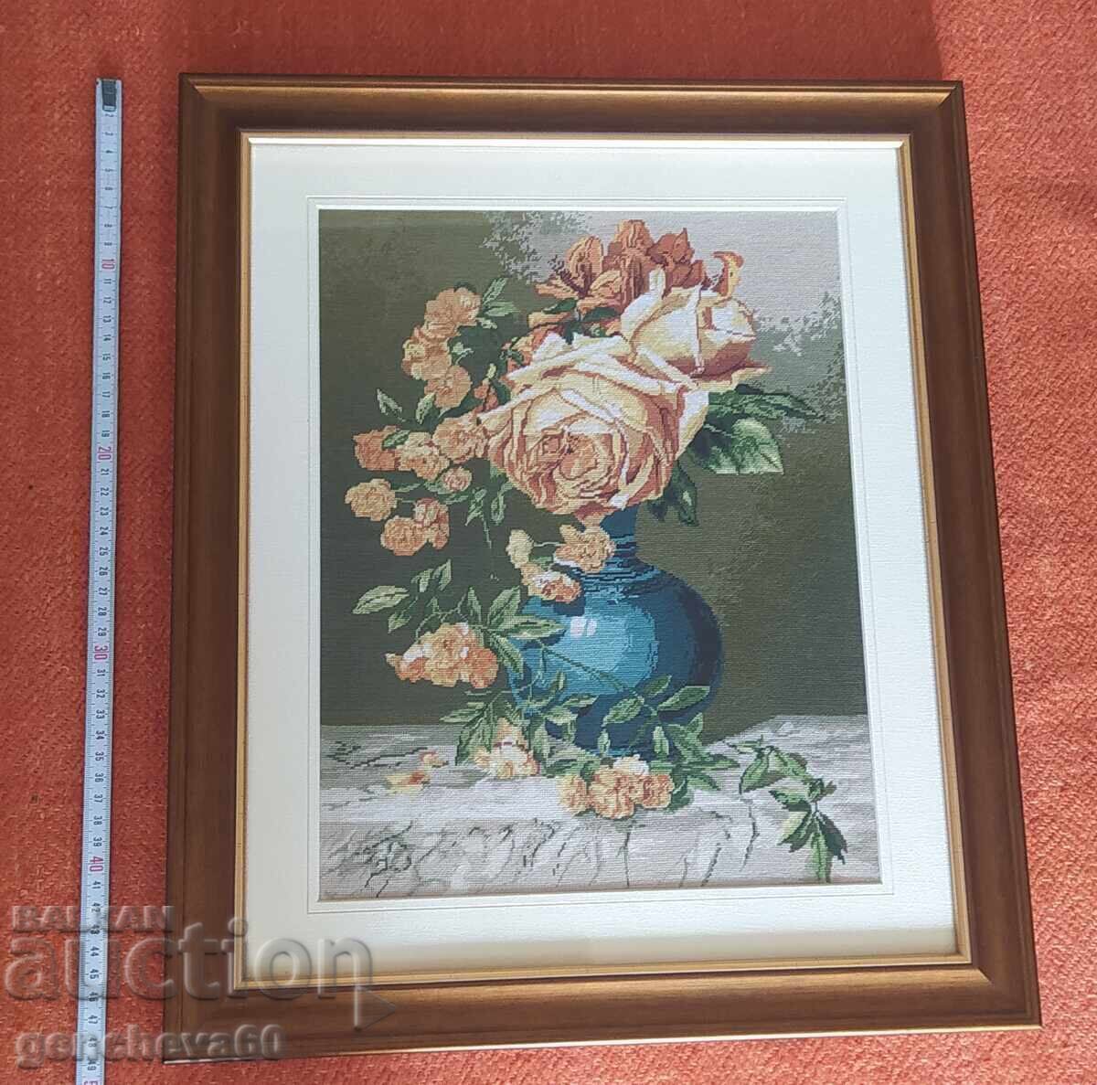 Auction  Beautiful large tapestry, "Vase with Flowers" - framed