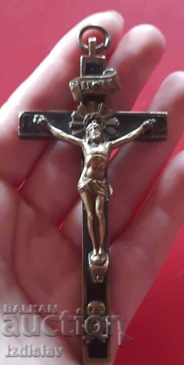 Παράδοση Μεγάλος χάλκινος σταυρός με οστό από τον Πανάγιο Τάφο, Ιερουσαλήμ 19ος αιώνας