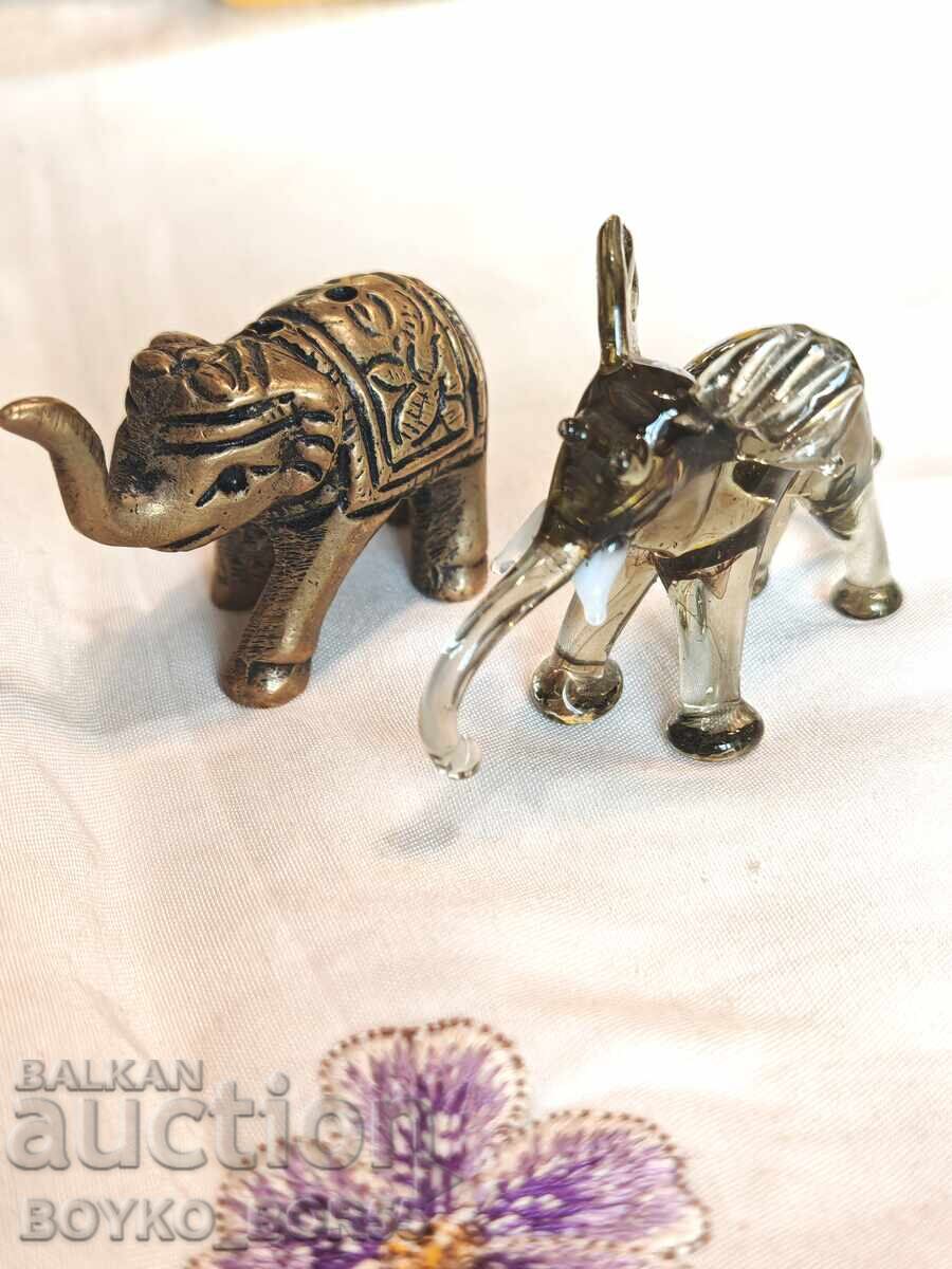 Two Small Collectible Elephant Figurines, Bronze and Glass