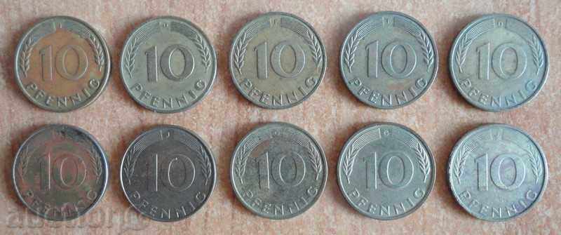 10 pfennig 1950,1971,1972,1981,1990,1991,1995 - Germany 10 pfennig 1950,1971,1972,1981,1990,1991,1995 - Germany