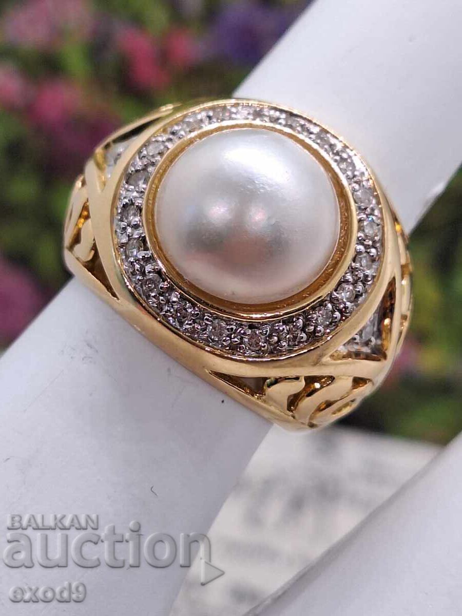 Χρυσό δαχτυλίδι, Μαργαριτάρι και Διαμάντια, 750/18 καρατίων με τιμή 2099.99 BGN | € 1073.71