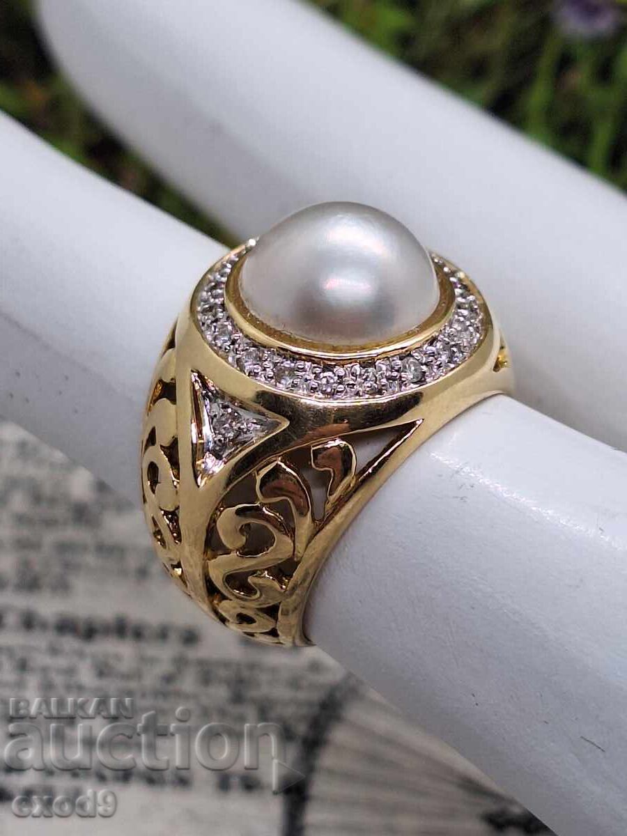 Δημοπρασία Χρυσό δαχτυλίδι, Μαργαριτάρι και Διαμάντια, 750/18 καρατίων
