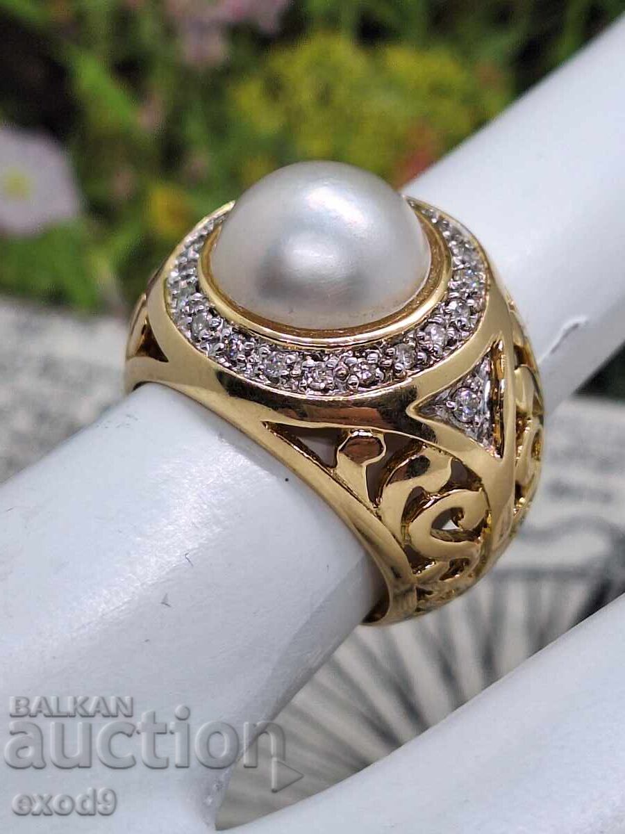 Χρυσό δαχτυλίδι, Μαργαριτάρι και Διαμάντια, 750/18 καρατίων