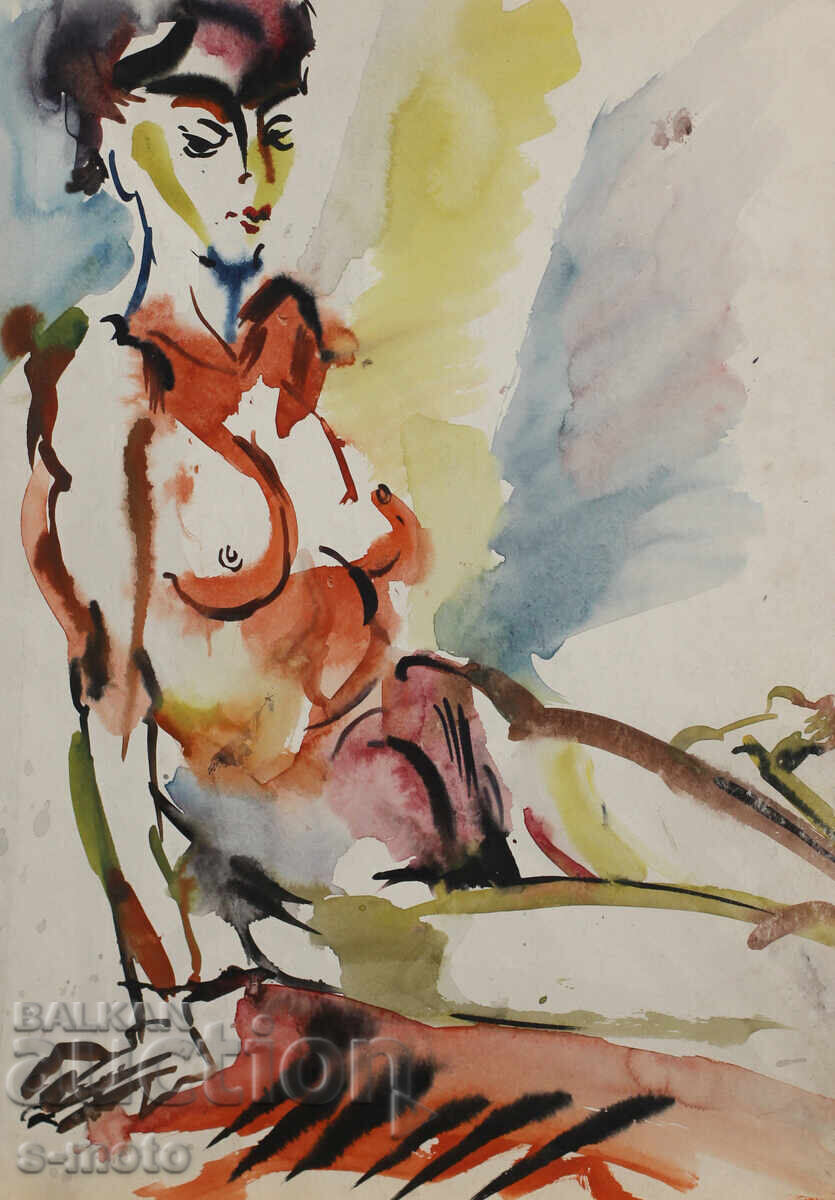 Παλιός πίνακας ακουαρέλα πορτρέτο γυμνό σώμα με τιμή 280.00 BGN | € 143.16
