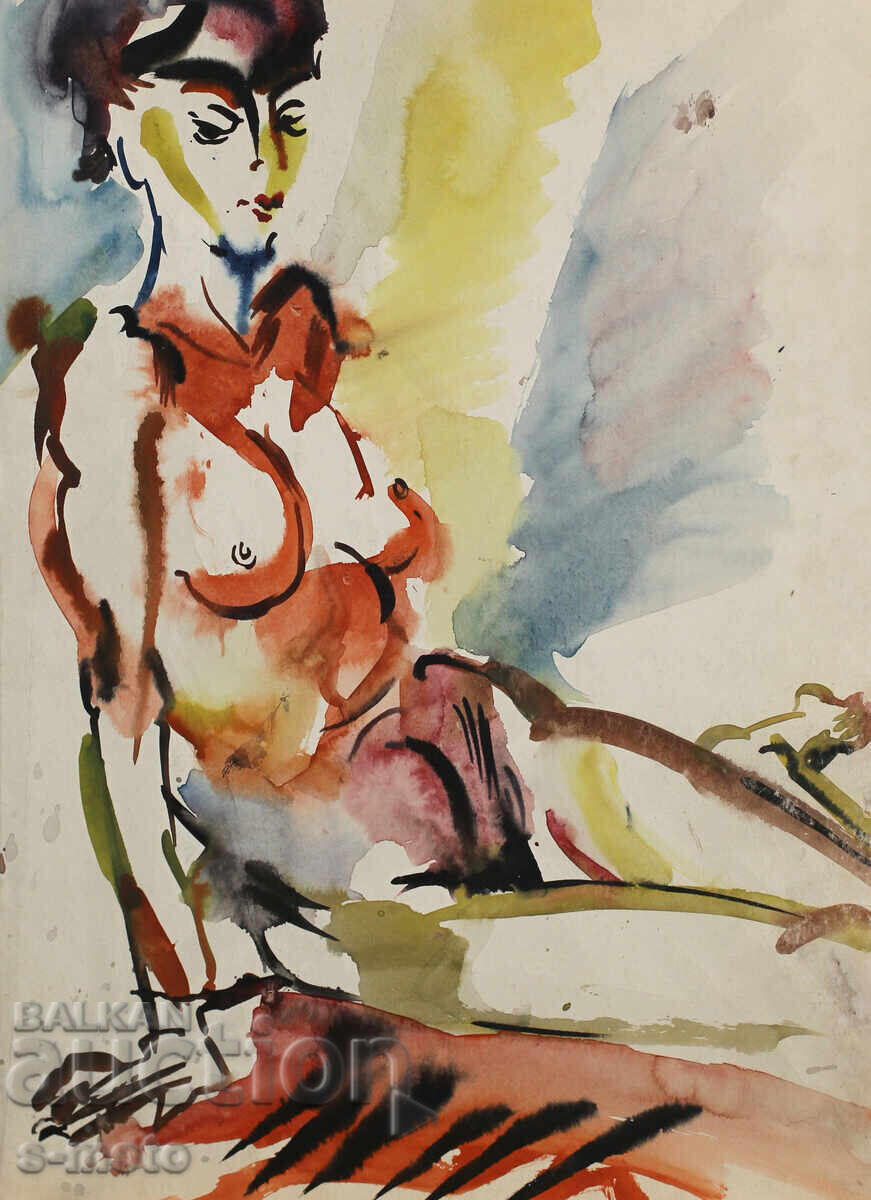 Δημοπρασία Παλιός πίνακας ακουαρέλα πορτρέτο γυμνό σώμα