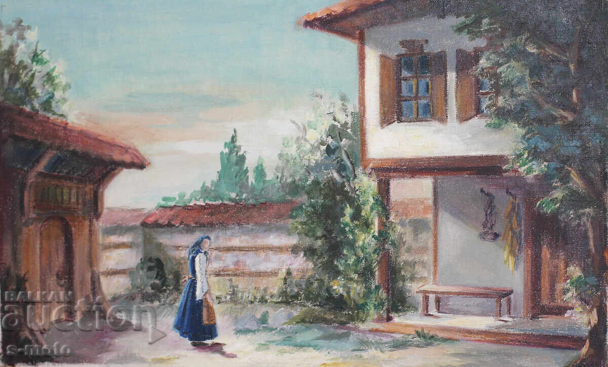 Παλιός πίνακας ελαιογραφίας αγροτικού τοπίου