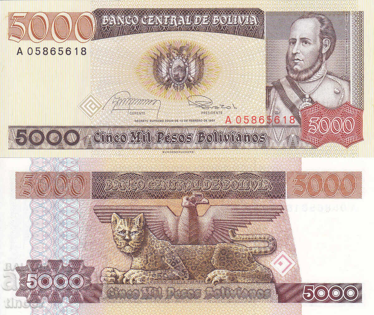 tino37- BOLIVIA - 5000 PESOS BOLIVIANOS - 1984 - UNC