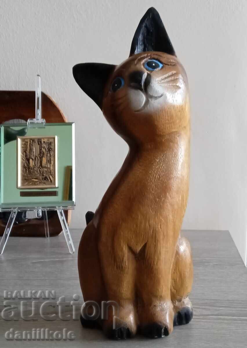 *$*Y*$* WOODEN CAT FIGURE 27 CM HANDMADE *$*Y*$*