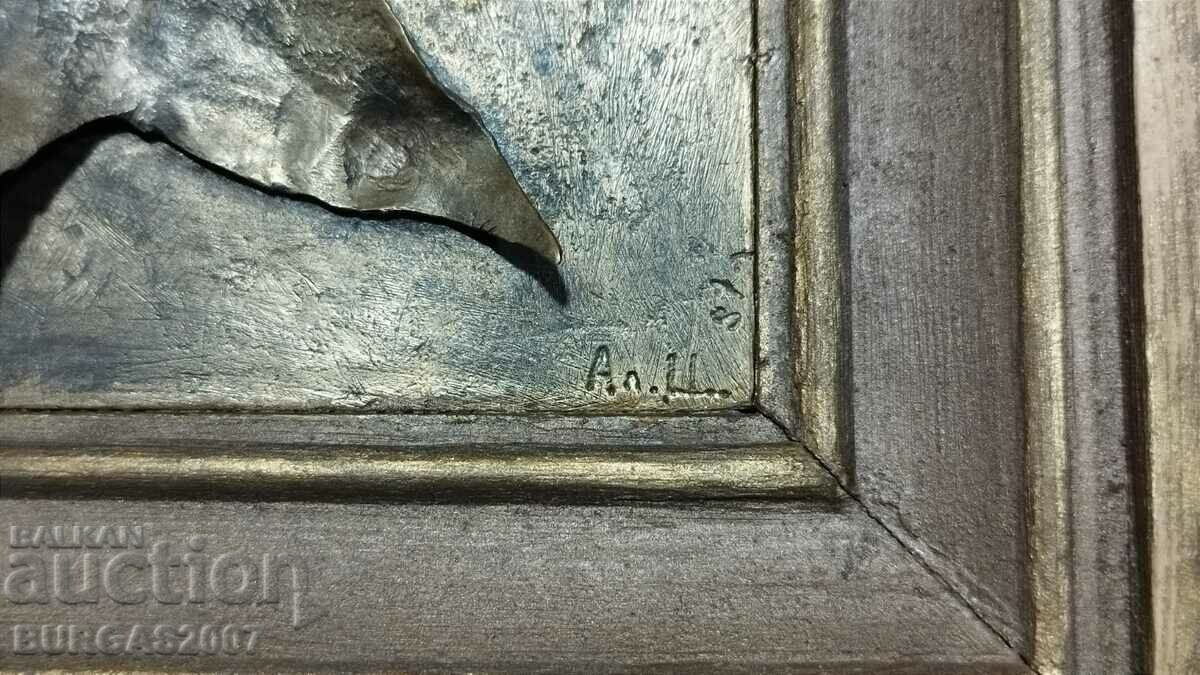 Auction  Old metal picture, sheet, signed Al.C.
