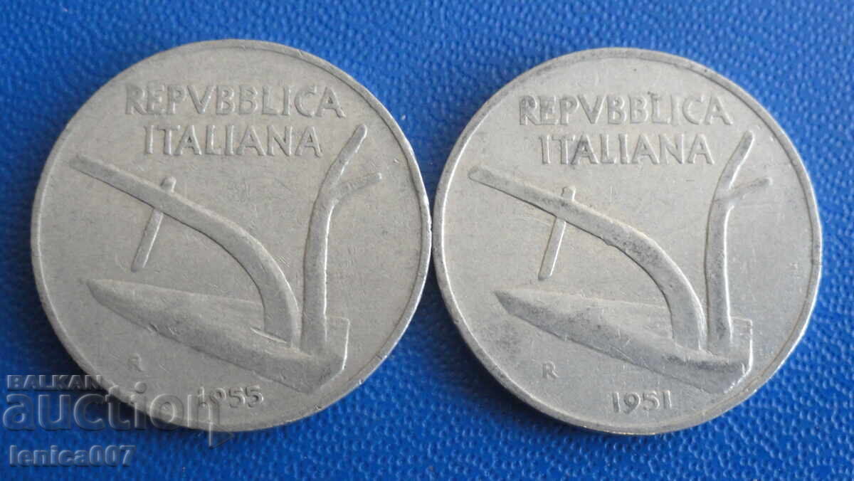 Δημοπρασία Ιταλία 1951-55 - 10 λίρες (2 νομίσματα)