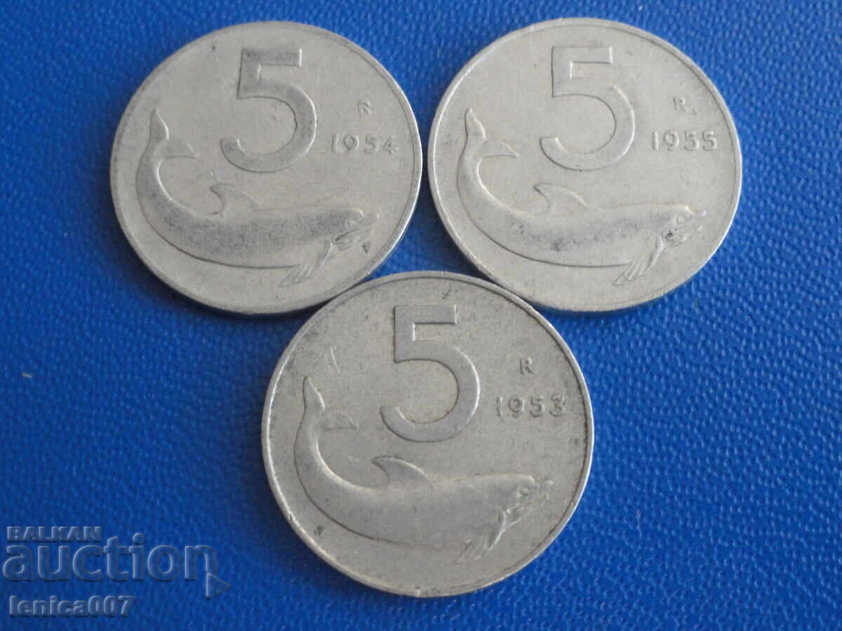 Auction  Italy 1953-55 - 5 Lire (3 pieces)