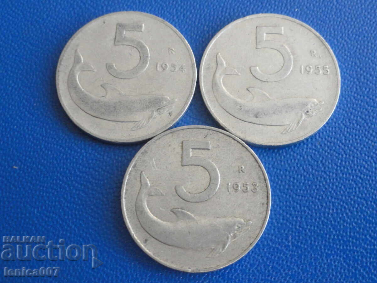 Italy 1953-55 - 5 Lire (3 pieces)