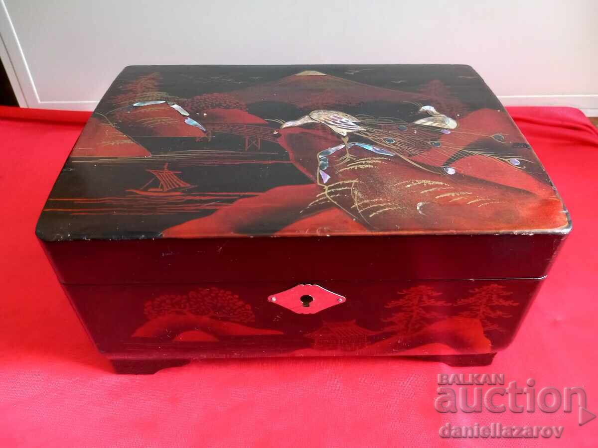 Old Japanese Lacquer Box, Chest, Lantern, Painted, Mother-of-Pearl