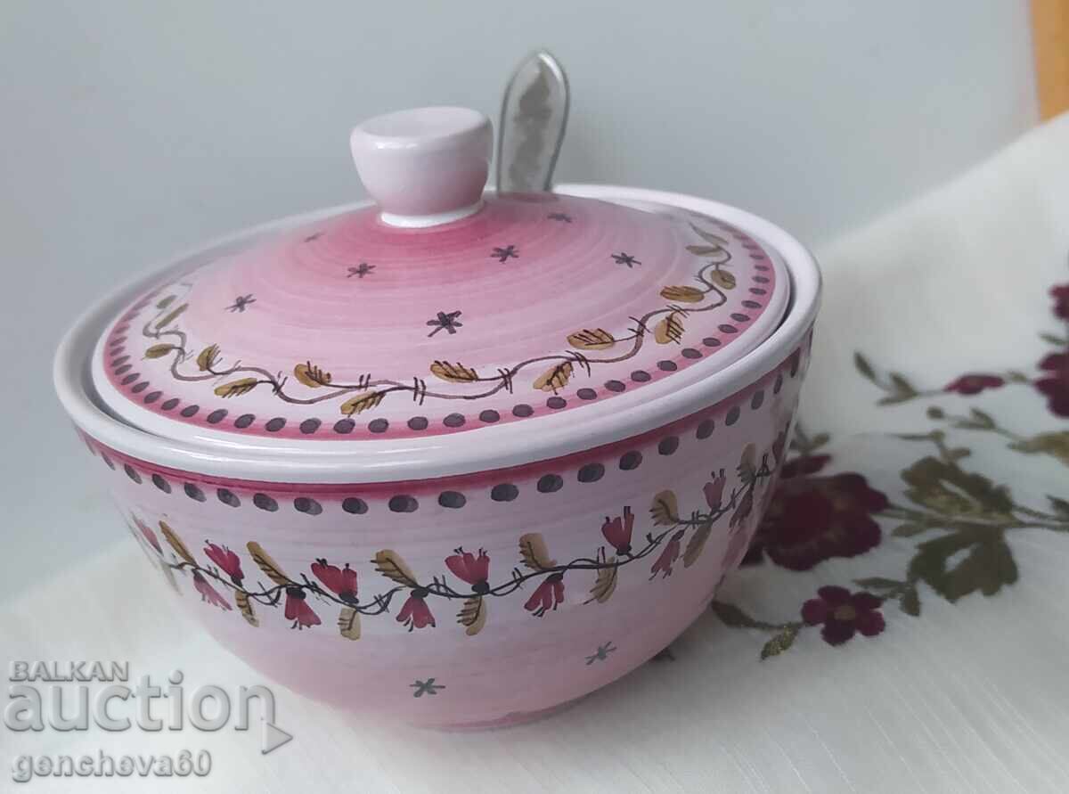 Auction  Glazed ceramic sugar bowl in pink and spoon