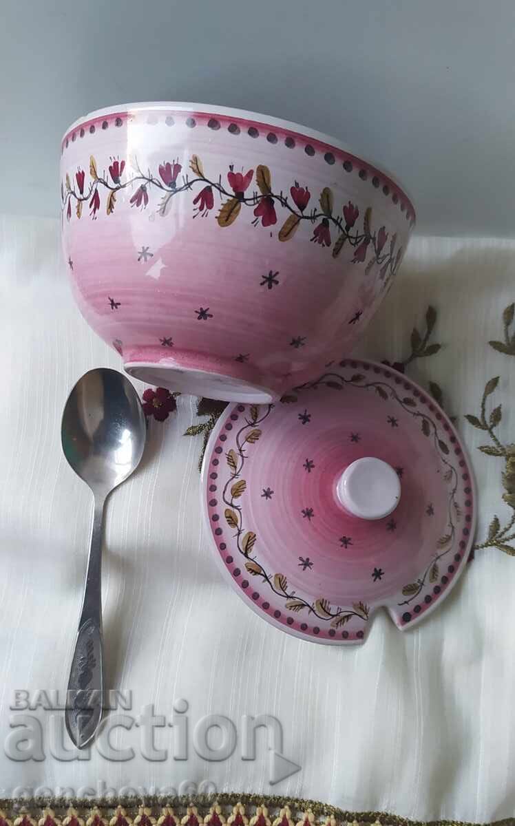 Livrarea Zaharniță ceramică glazurată roz și linguriță Livrarea Zaharniță ceramică glazurată roz și linguriță