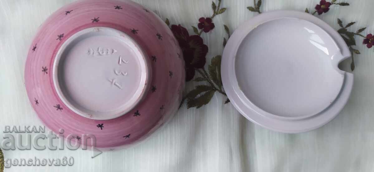 Glazed ceramic sugar bowl in pink and spoon - 5