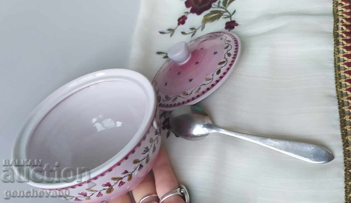 Glazed ceramic sugar bowl in pink and spoon - 6