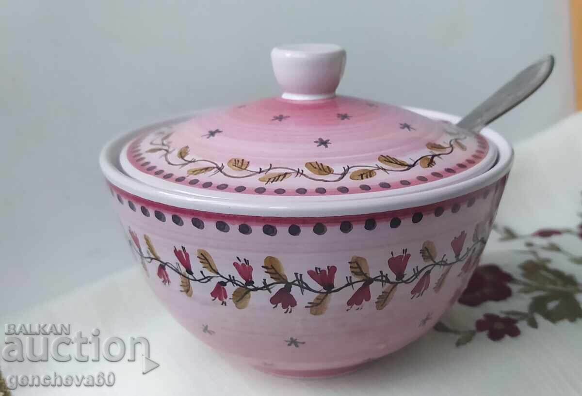 Glazed ceramic sugar bowl in pink and spoon - 7