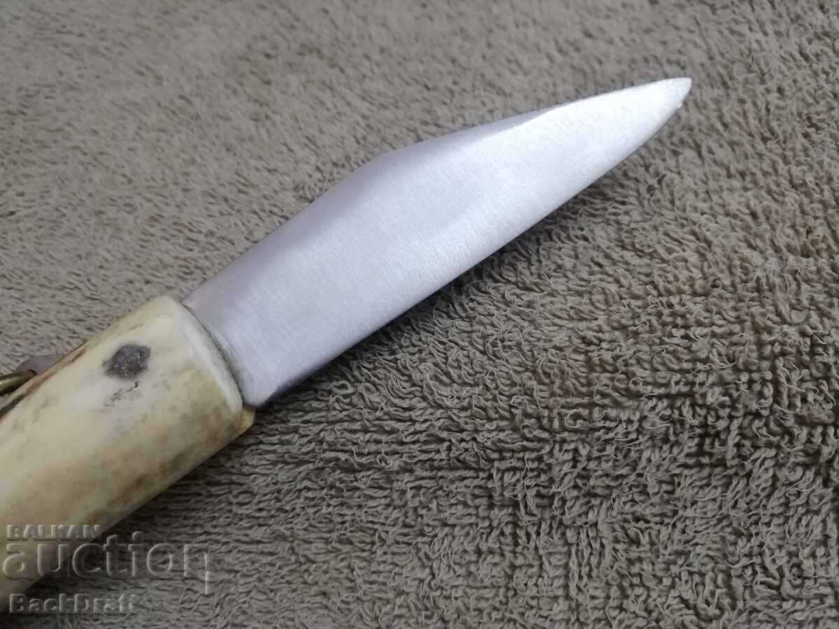 Доставка на СТАР БЪЛГАРСКИ ДЖОБЕН НОЖ -СОЙКА,КОСТУР ЕЛЕНОВ РОГ С НАБИВКИ