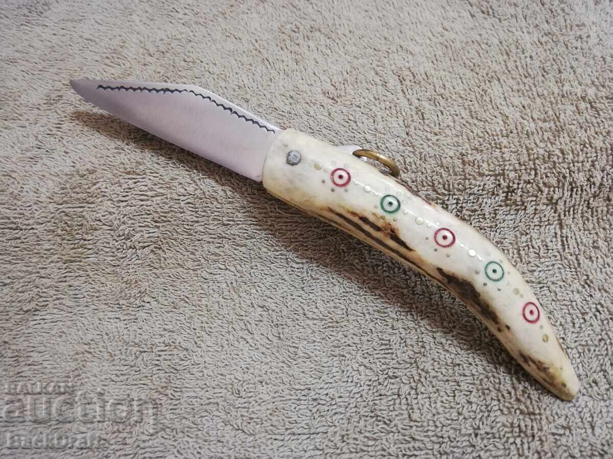 СТАР БЪЛГАРСКИ ДЖОБЕН НОЖ -СОЙКА,КОСТУР ЕЛЕНОВ РОГ С НАБИВКИ