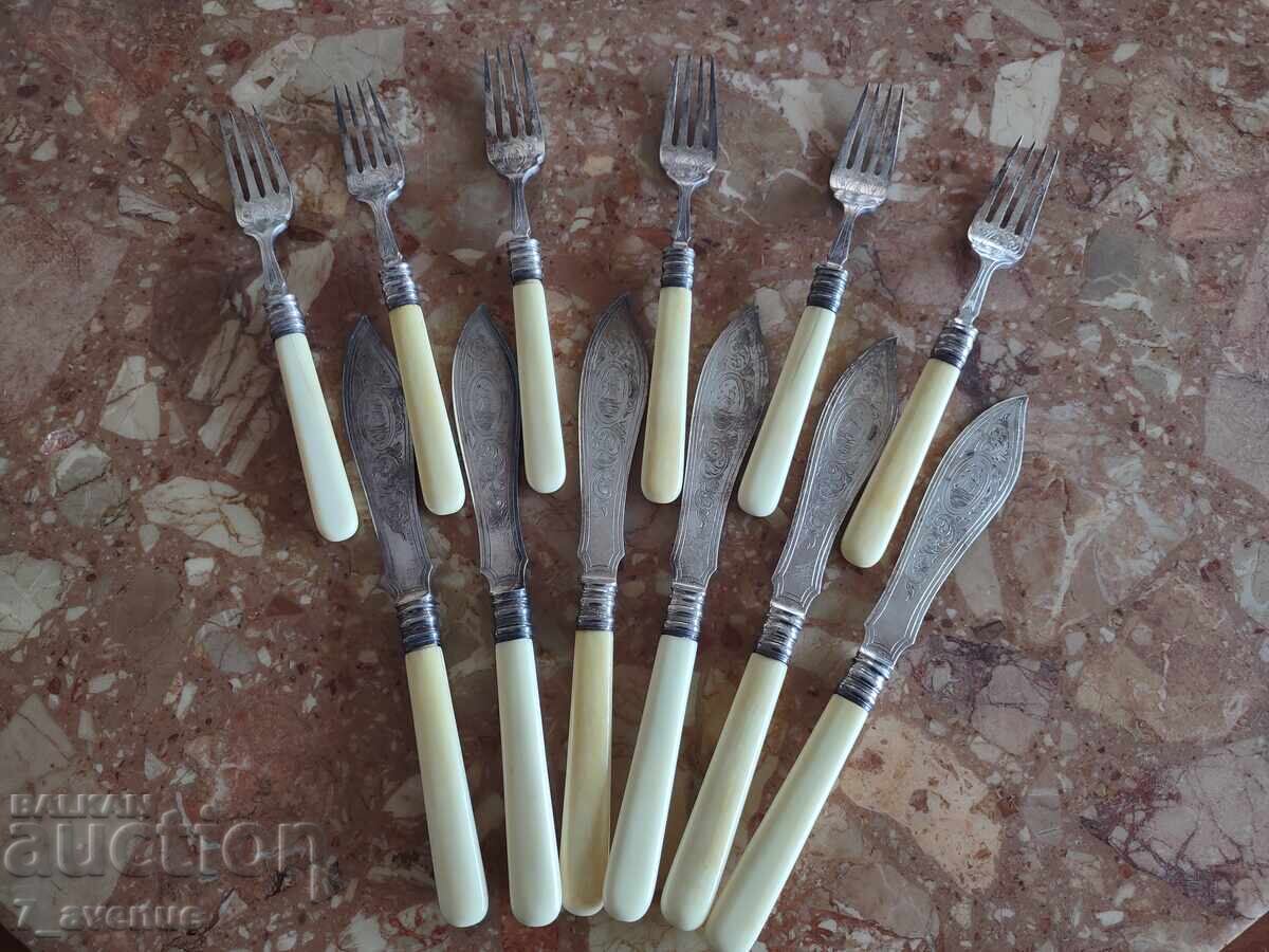 Εργαλεία ψαρέματος, μαχαίρι πιρούνι x 6 τεμάχια, χαρακτικό - πλοίο, 3.5.25