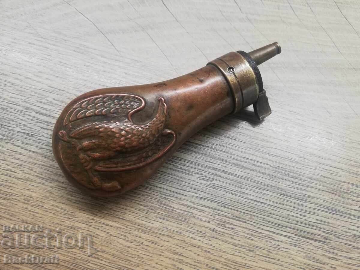 Δημοπρασία Ανάγλυφο κουτί σκόνης χαλκού, πιστόλι, κροτίδα, τουφέκι, τουφέκι