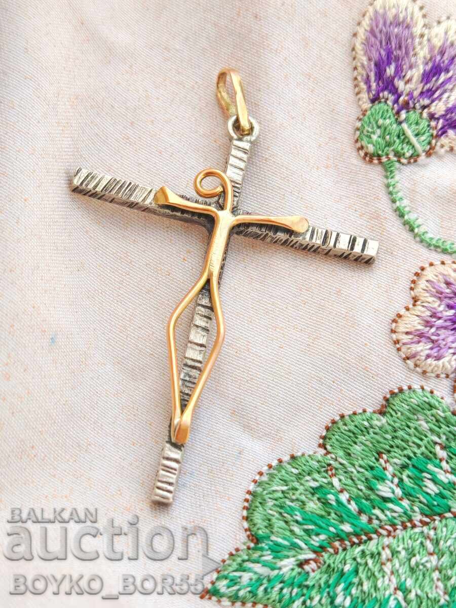 Unique Antique Silver Crucifix Cross with Gold Elements