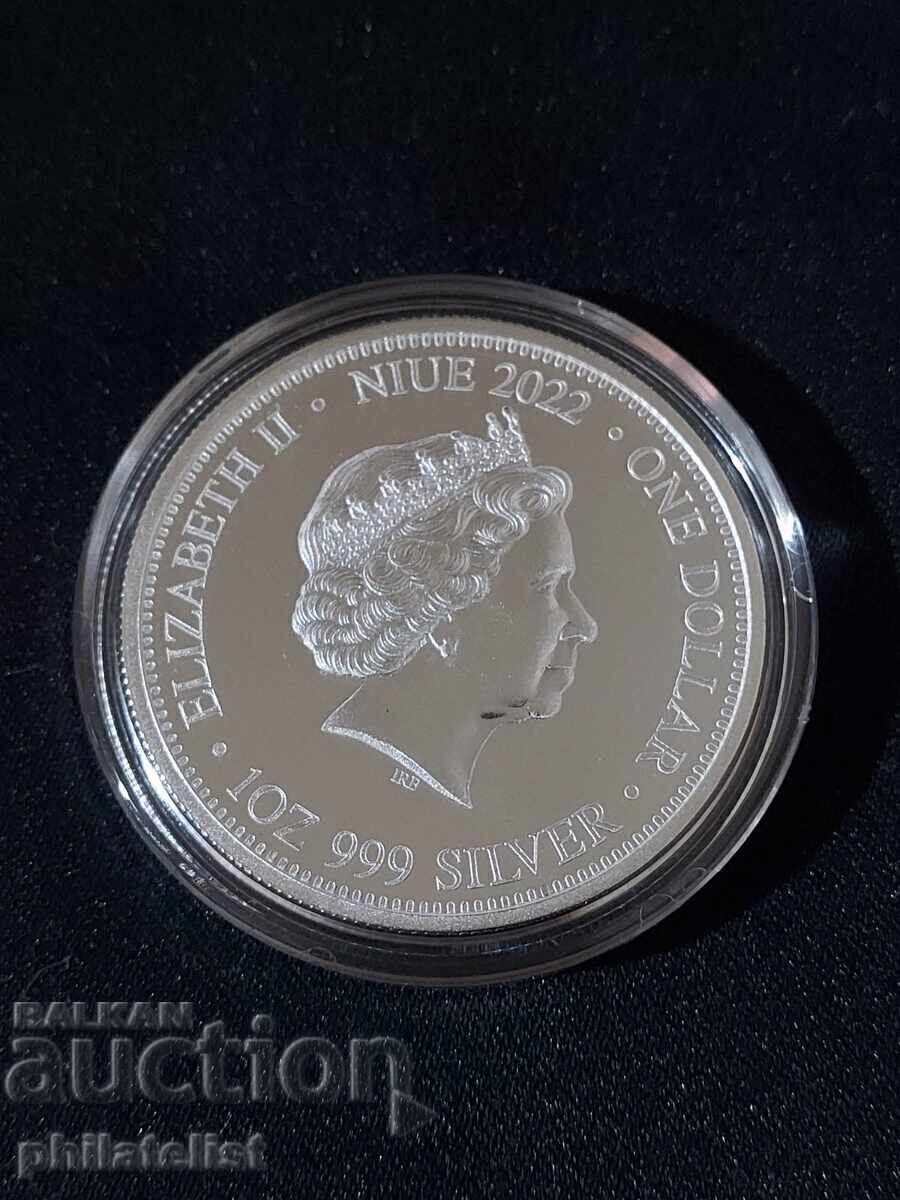 Доставка на Ниуе 2022 - 1 долар - Комодски варан и тигър 1 OZ сребро BU Доставка на Ниуе 2022 - 1 долар - Комодски варан и тигър 1 OZ сребро BU