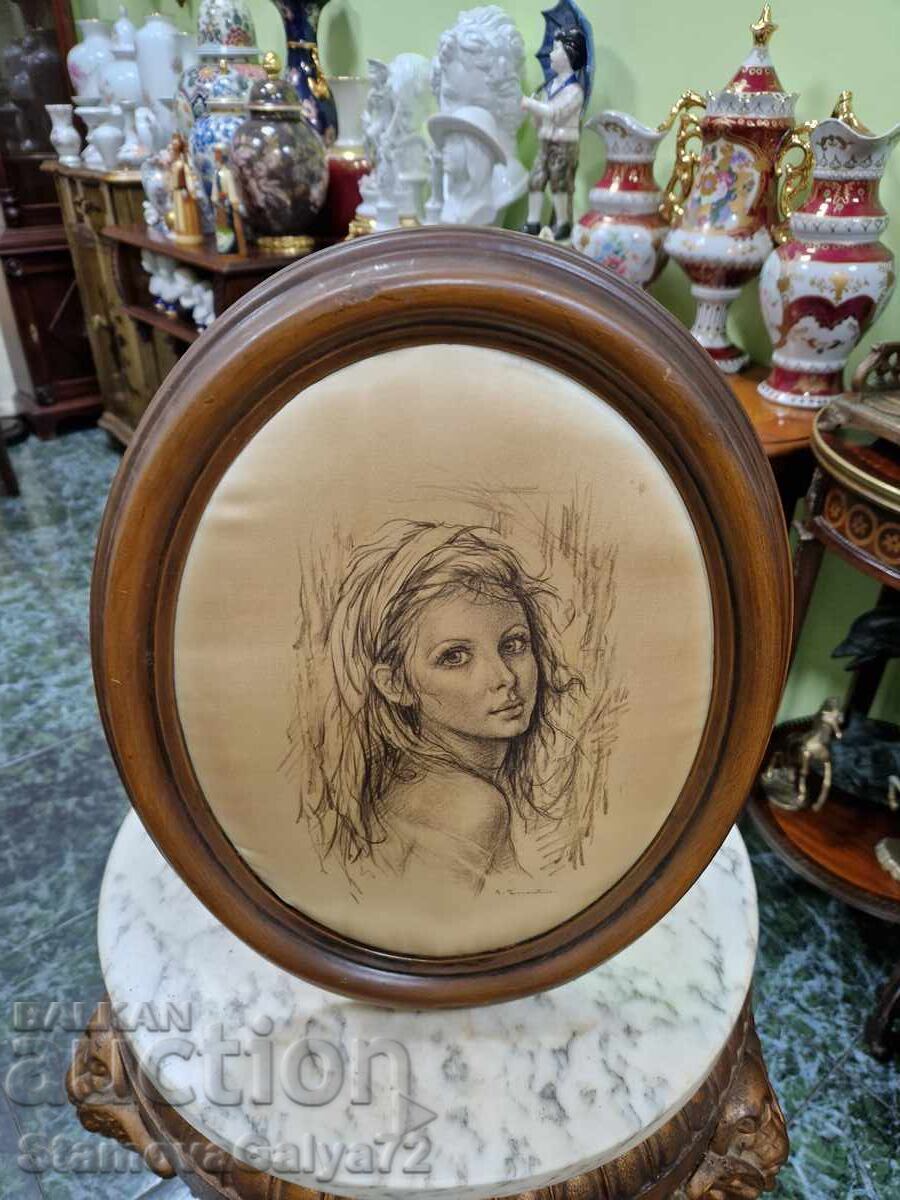 Tablou antic de autor superb pe mătase - 7