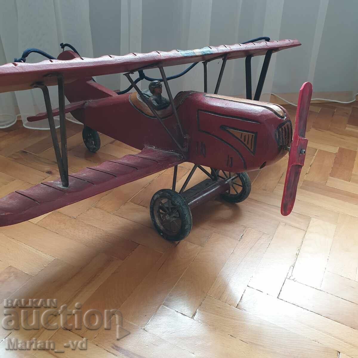 СТАР ГОЛЯМ РЪЧНО ИЗРАБОТЕН ДЪРВЕН САМОЛЕТ БИПЛАН - 5