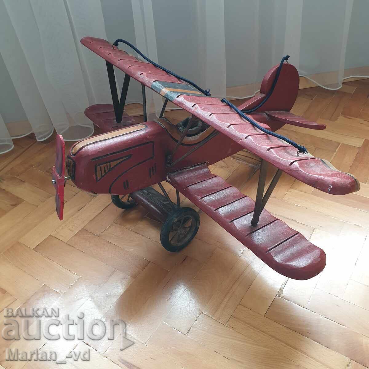 СТАР ГОЛЯМ РЪЧНО ИЗРАБОТЕН ДЪРВЕН САМОЛЕТ БИПЛАН