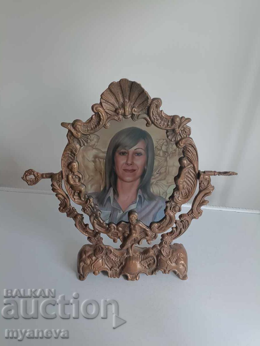 Vintage, μπρούτζινο, συμπαγές, επιτραπέζιο καθρέφτη - 5